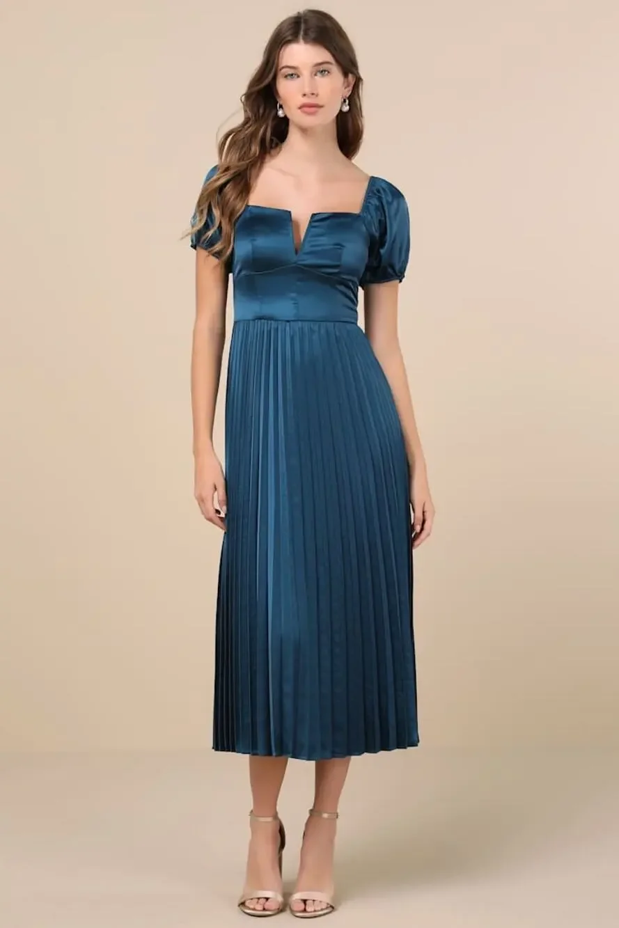 NWT Lulus Flawless Forever Teal Satin Pleated Midi Dress Bridesmaid Gala Size M
